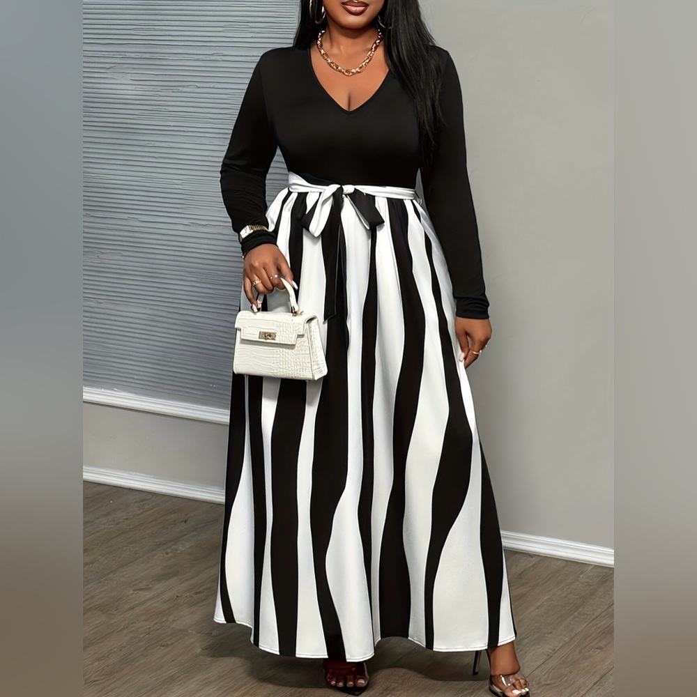 Elegant Black and White Striped Maxi Dress